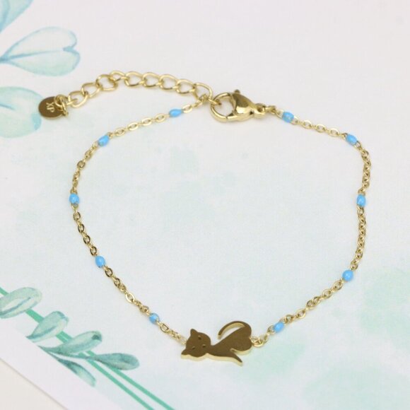 Chic Yellow Gold Cat Bracelet with Blue Beads, XPBL0622 - Picture 2 of 12